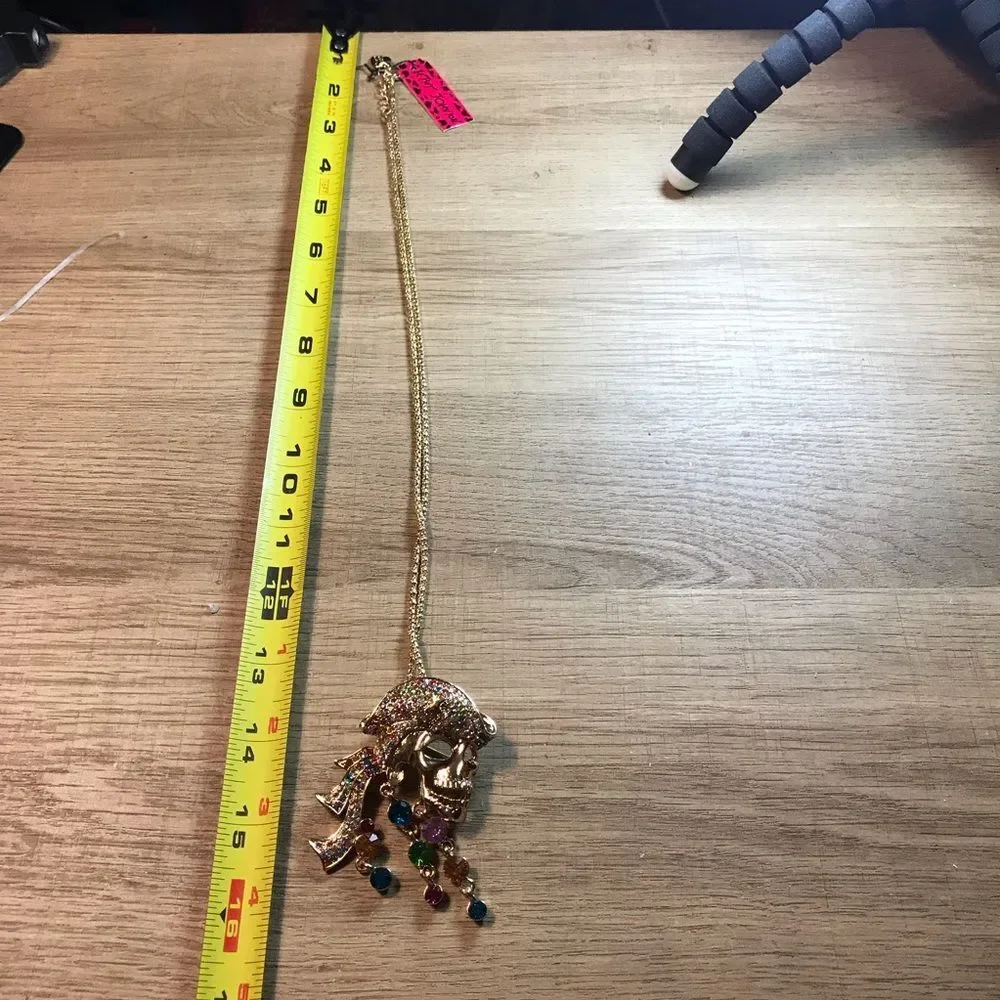 Betsy Johnson Gold Rhinestone Multicolor Crystal Pirate Skull Pendant Necklace